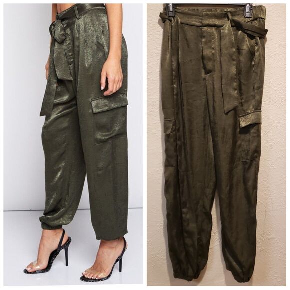 Urban Outfitters Satin Pants Dark Green Olive Pockets Size S-P High Rise E - Picture 1 of 9